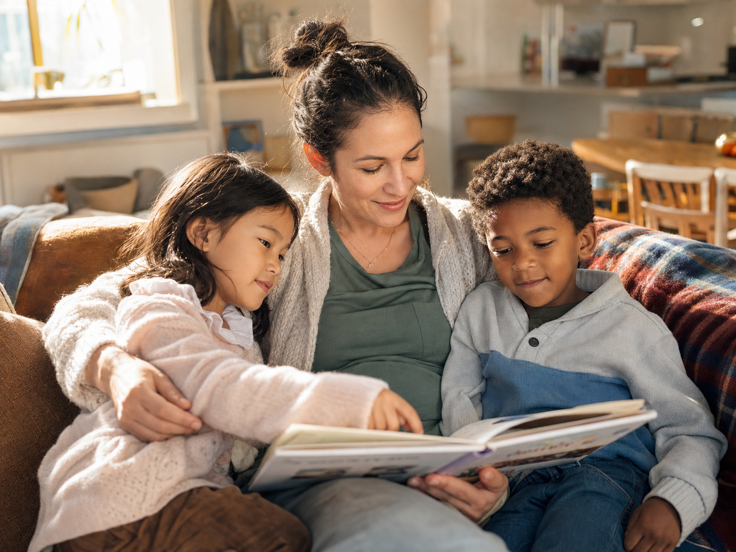 A foster family reading together