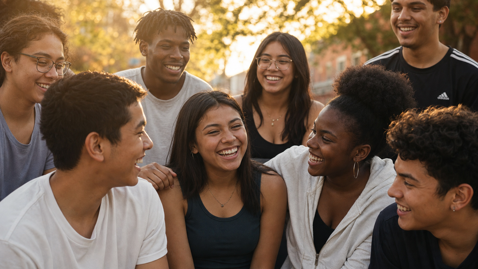 A diverse group of young people laughing together at golden hour