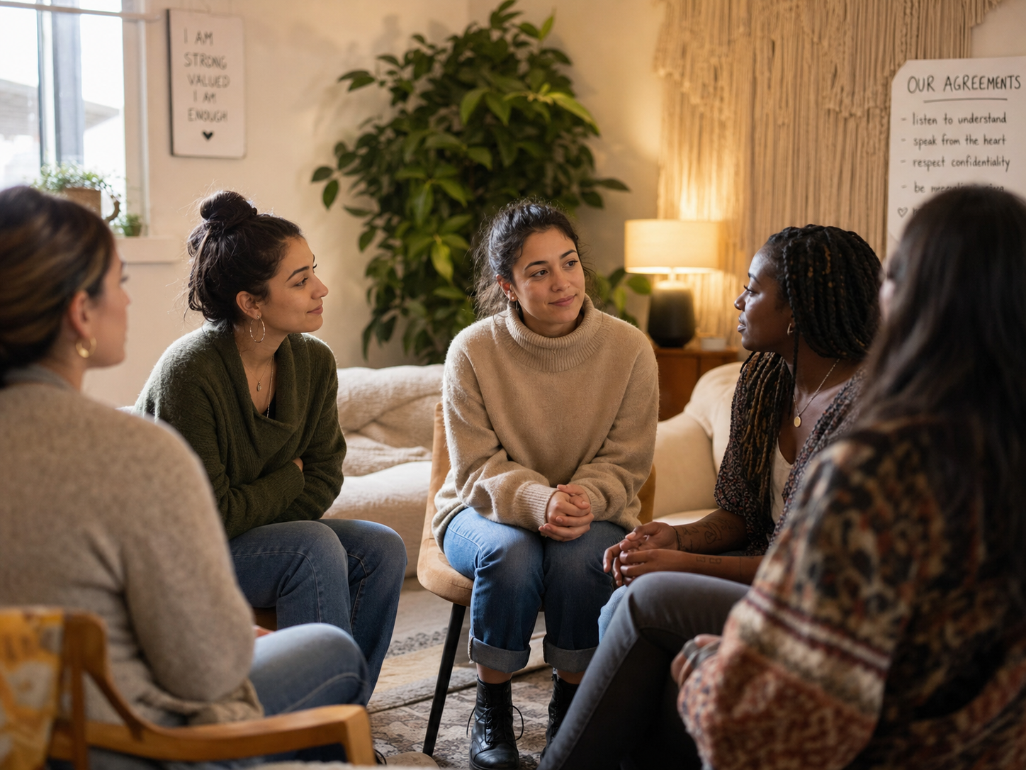 A women's support group in a warm indoor setting
