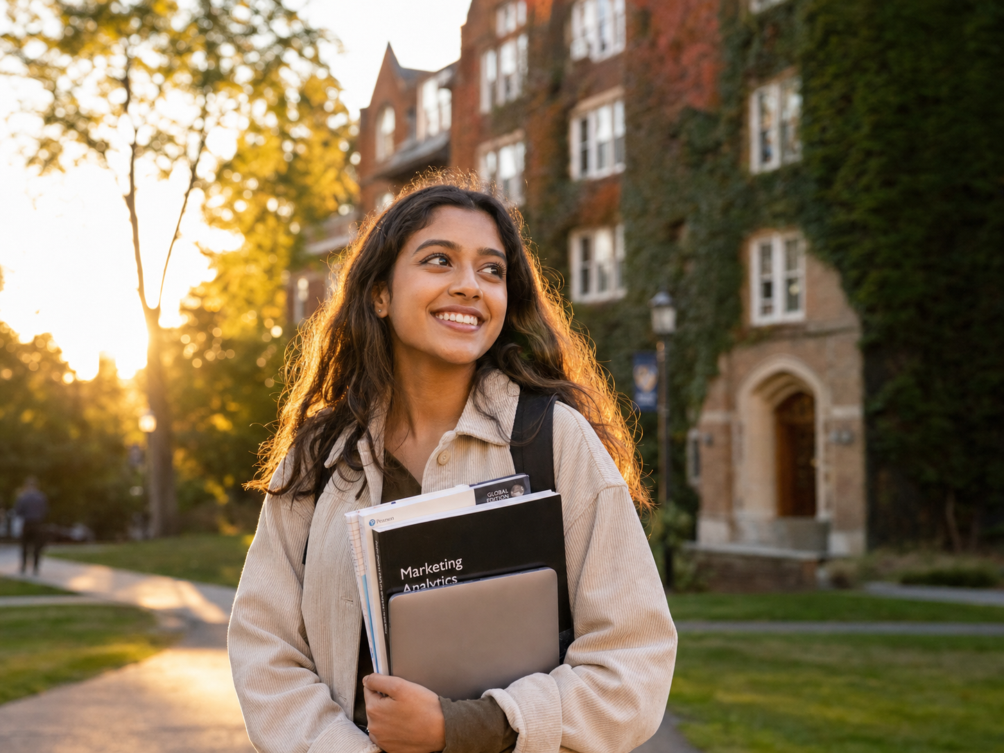 A young woman on a college campus at golden hour