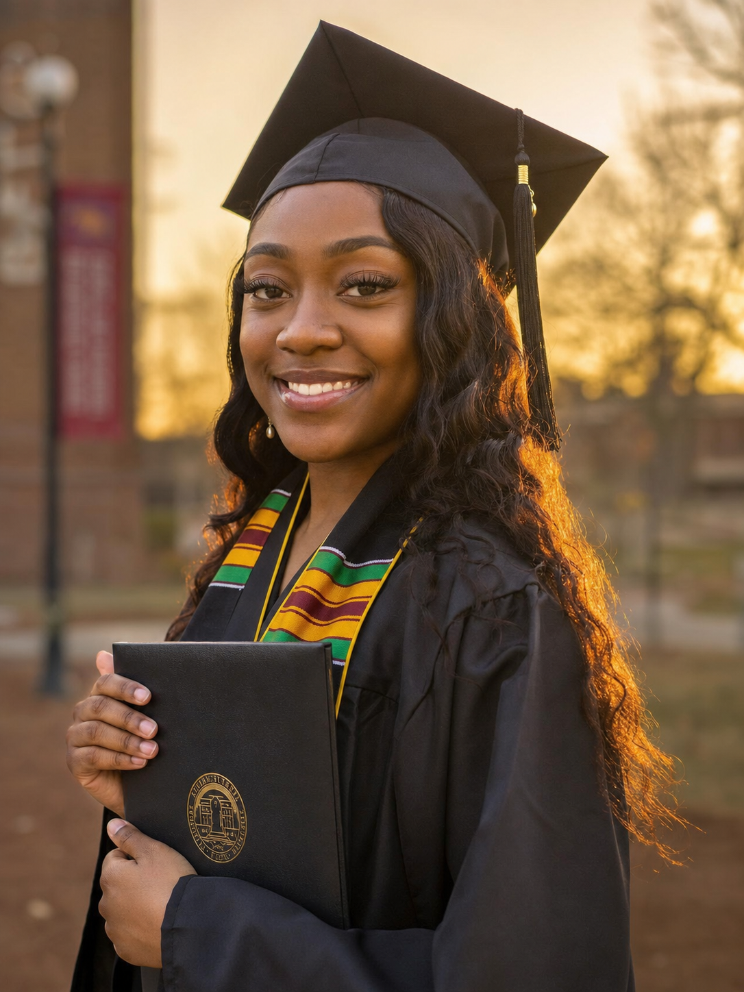 A young college graduate in cap and gown at golden hour